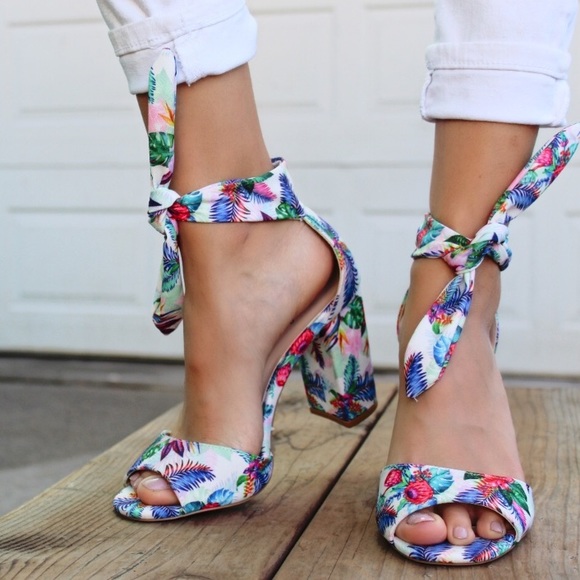 Qupid Shoes - Ankle Wrap Floral Heels
